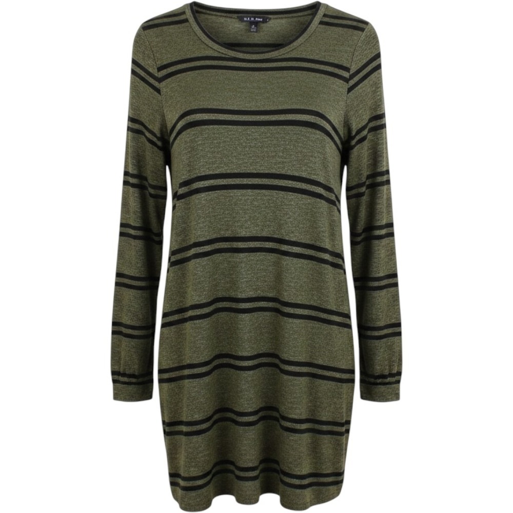 Green Black Striped Long Sleeve‎ Crew Neck Dress Casual Lg / #1346